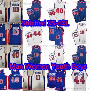 カスタムS-6XLスローバック1988-89バスケットボール11 Isiahthomas Jersey Classic Vintage 40 Billraimbeer 44 Rickmahorn 10 Dennisrodman Breseable Sport Blue White