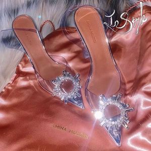 Amina Muaddi Heels Wedding Shoes Dress Luxury Sandals 디자이너 새틴 하이 활 크리스탈-벨리쉬 버클 뾰족한 발가락 해바라기 PCV 샌들 6cm 10cm