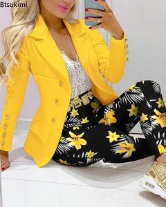 2023 Frühling Herbst Zweitbeuter -Set Women Office Tracksurits für Damen -Outfits Revers -Kragen Doppelbrustblazer Anzughose 231227