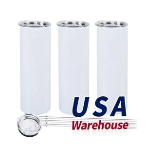 USA Warehouse 25pc/Carton SubliMation Tumblers 20oz rostfritt stål dubbelväggisolerad rak tom vit vattenkopp med lock och halm för värmeöverföring 1228