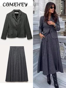 Elegant Two Piece Dres Long Sleeve Pockets Single breasted Coats High Waist Midi Skirt Vintage Female Uniform Sets 231228