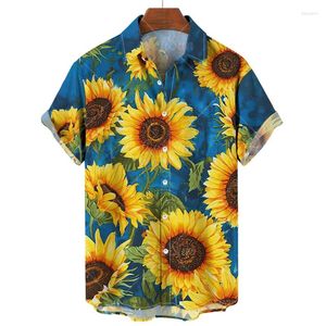 Mäns casual skjortor Hawaiian Sunflower 3D Tryckt för män LAPEL Fashion Kort ärmkläder Löst överdimensionerade toppar sommar