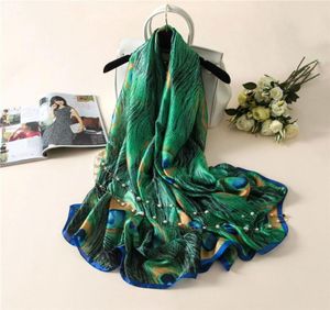 Novos lenços de seda femininos lurxury marca impressão penas de pavão lenço de seda foulard xale envolve acessórios 20172524680