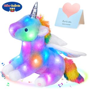 Brilho guardas led luminosa música brinquedo lance travesseiro arco-íris unicórnio cabelo para crianças noite iluminar bonito menina 231228