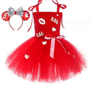 Valentinstag Kinder Party Kleider Mädchen Liebe Herz Brief Lippe Spitze Tüll Tutu Kleid Ballkleid Kinder rote Gaze Prinzessin Kleidung Z6360