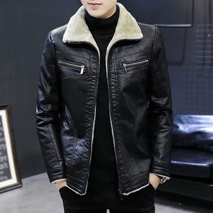 Winter Men Leather Jacket Solid Color Lining Velvet Business Lapel Medium Length Keep Warm Black Leather Windbreaker S-4XL 231228