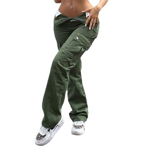 Women s Straight Leg Cargo Pants Fashion Female Casual High Waist Solid Color Pocket Denim Jeans 231228