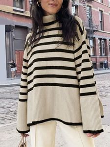 Black And White Stripe Sweater Streetwear Loose Tops Women Pullover Female Jumper Long Sleeve Turtleneck Knitted Ribbed Sweaters 231228