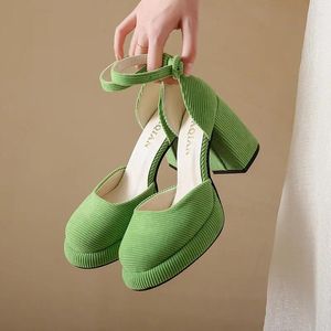 Dress Shoes Green Ankle Strap Platform Pumps Women 2024 Corduroy High Heels Mary Jane Woman Elegant Chunky Heeled Party