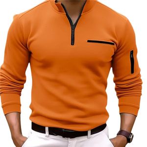 Sports Long Sleeve Side Pocket Polo Shirt Men Spring Autumn Thickened Solid Color Casual Tops Male Lapel Zipper Splicing Blouse 231227