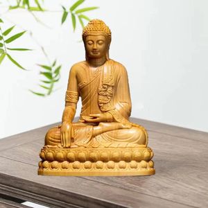 Cipresso naturale Lndia Shak yamuni Buddha Personaggi Figurine Intagliato a mano in legno massello Home Room Office Feng ShuiDecorazione Statua 231227