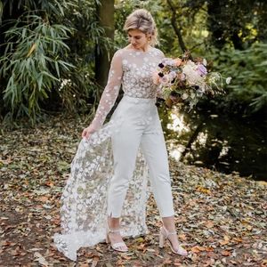 Boho-Strand-Spitzen-Jumpsuits, Brautkleider für die Braut, Illusion, lange Ärmel, sexy, rückenfreie Land-Brautkleider mit Schleppe