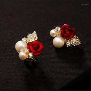 Stud Flower Earrings Beautiful Red Rose Imitation Pearl Crystal Girl Simple Ear Jewelry Gift2461