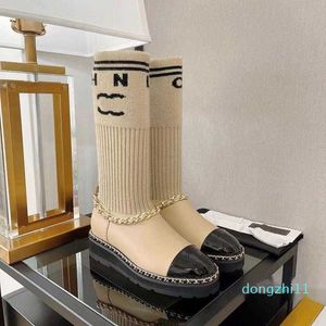 Tasarımcı Kadın Lüks Uzun çorap botları deri zincir harfler rahat boots333