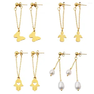 Stud Earrings Stainless Steel Simple Pearl Butterfly Angel Hand Chain Hanging Drop For Women Jewelry Gifts