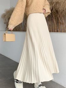 Long Knitted Skirt Women Autumn Winter Warm Skirts Female Korean Fashion Pleated Skirt Ladies Elegant Chic High Waist Maxi Skirt 231228