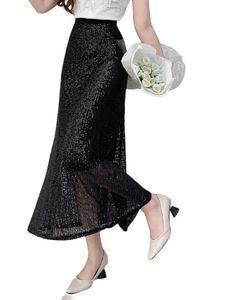 グリッタースパンコールミディスカート女性の弾性ウエストフレアロングスカートレイド年パーティーフェスティブホリデー装飾服231228