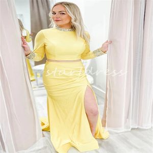Elegant gula två stycken prom klänning med pärlstav sexig höghals långärmad aftonklänning med slits semester maxi formell fest födelsedagsklänning för speciella tillfällen