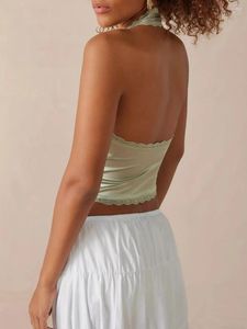 Kvinnors tankar Kvinnor s Satin Halter Vest Lace Trim Front Bowknot V-Neck Backless Cropped Camisole Y2K GOUND OUT TOPS