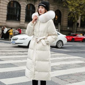 Women's Trench Coats 2023 Winter Long Down Jacket Women Thickened Zipper Fur Collar White Duck Hooded With Belt Slim Puffer Snow