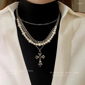 Anhänger-Halsketten, klassische Zirkonia-Kreuz-Halskette, gespleißte Halskette, imitierte Perlen-Accessoires für Frauen, koreanischer Modeschmuck