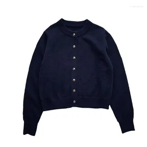 Women's Knits Navy Blue Knitted Cardigan Spring 2023 Korean Loose Solid Color Round Neck Sweater Coat Top