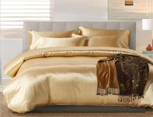 100 Good Quality Satin Silk Bedding Sets Flat Solid Color UK Size 3 pcs Gold Duvet Cover Flat Sheet Pillowcases7973450