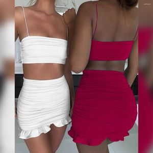 Work Dresses 2023 Summer Cross Border Women's Wear USA Sexy Strap Tank Top Pleated Two Piece Set Ruffle Edge Wrap Hip Skirt