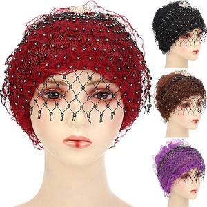 Basker vintage strass dekor mesh slöja cap elegant mode hatt klassisk målare för kvinnor spetsar hårtillbehör