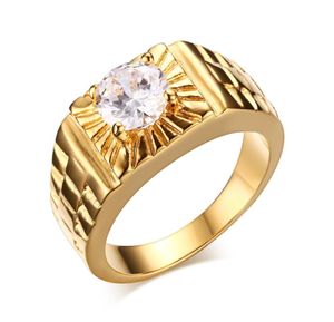 Banhado a ouro Men039s Solitário de aço inoxidável CZ Anel de casamento com nervuras Relógio Cinto Padrão Banda Pinky Ring US Size7117947828