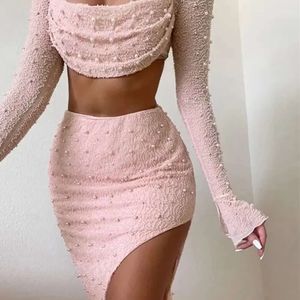 Two Piece Dress Mozision Pearl Sexy Square Collar Full Sleeve and Split Skirt Matching Female Club Party Set classic 888ss 2023