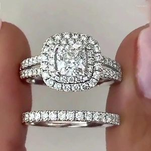 Wedding Rings 2pcs Classic Stacking Round Square Promise Engagement Ring Set Silver Color Luxury White Zircon Couple Bands Jewelry CZ