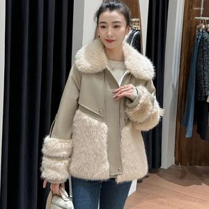 Women's Leather Fashion Stand Collar Patchwork Faux Fur Thicken Jacket For Women Autumn Winter Ladies Casual Warm Coats Streetwear