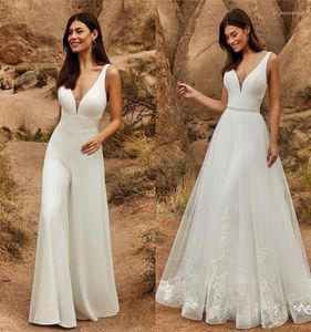 Vestido de casamento 2 em 1, macacão com saia destacável, duas peças, vestidos de noiva, calças, terno para mulheres, renda, tule, decote em v, trem de varredura9107873