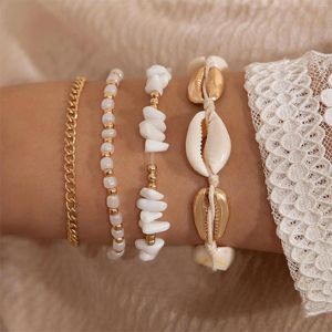 Länkarmband 4-stycken set bohemisk stil skal pärlor för kvinnor strand vit liten grus ris pärla vävda-armband turist souvenir