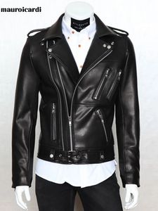 Mauroicardi Spring Autumn Cool Black Soft Faux Leather Jacket Män med många dragkedjor långärmad bälte plus storlek ytterkläder 231228