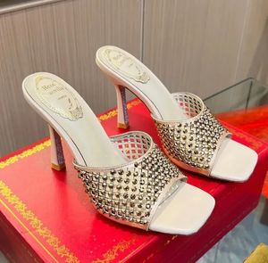 Rene caovilla Chinelos de cristal strass mules dedo aberto slides sandálias saltos deslizamento em sapatos de salto agulha feminino luxo designer sola de couro