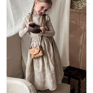 Kız Elbise Keten Pamuk Çocuklar Kızlar İçin Giyim Prenses Dantel Nakış Yelek Elbise Çocuk Vestidos 2-8 Yıl