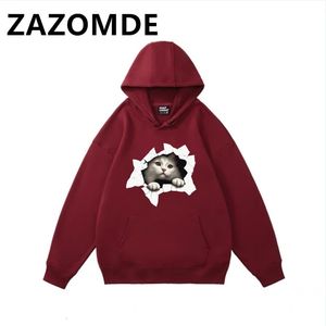 Zazomde لطيف القط طباعة مقنعين السحب بلوفر قميص أعلى رجل دافئ هوديي الخريف الهيب هوب الشارع هودي الرجال 231228