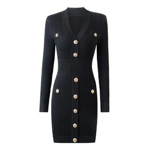 HarleyFashion Autumn Designing Luxurious Long Sleeve V Neck 4 Colors Mante Casual Sticked Mini Dress 231228