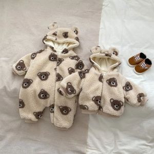 Autumn Winter Infant Plus Velvet Thicken Bear Romper Boy Baby Cardigan Hooded Cartoon Jumpsuit Kid Girl Fleece Cartoon 231227