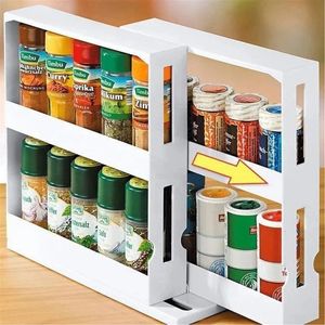 2 camadas de armazenamento de armazenamento de cozinha rotativa Organize especiarias jar Bottle Rack Prateleiras de slides 231227