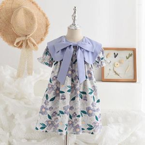 Girl Dresses 2023 Summer Arrival Girls Short Sleeve Turn-down Collar Print Floral Pink Designer Cute Party Dress Custume 18M-8T