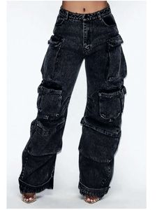 Y2K Womens Multi Pocket Solid Color High midja bred ben Överdimensionerade baggy jeans Nya Haruku Fashion Casual Gothic Trousers