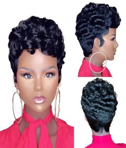 ショートカーリーボブピクシーカットフルマシンは、黒人女性レミーブラジルWIG8953307のために前髪のあるレースの人間の髪のかつらを作っていません