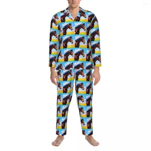 Men's Sleepwear Funny Horse Autumn Animal Print Vintage Oversized Pajama Sets Male Long Sleeve Cute Daily Pattern Nightwear