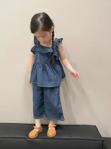 Conjuntos de roupas Coreano Crianças 2023 Versão Verão Meninas Médio e Pequeno Denim Lace Vest Terno