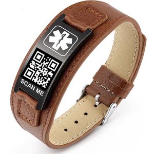 Pulseiras de alarme de couro ajustável em aço inoxidável, escultura gratuita, código QR, personalização, informações de identificação de emergência, pulseiras 231225