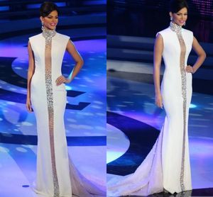 Miss Universe Pageant Prom Dress 2023 High Neck Crystals Cap Sleeve Mermaid Celebrity Gowns Prom Formal Party Robe De Soiree White