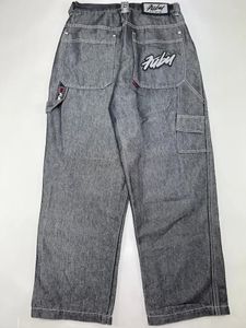 Jeans femininos harajuku moda calças de carga mulheres fubu y2k baggy e homens hip hop preto retro perna larga streetwear